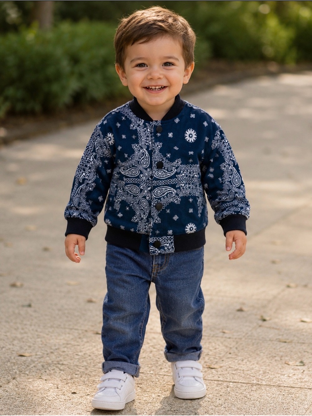 TODDLERS NAVY AND WHITE FULLY LINED BANDANA PRINT JACKET SIZE 4